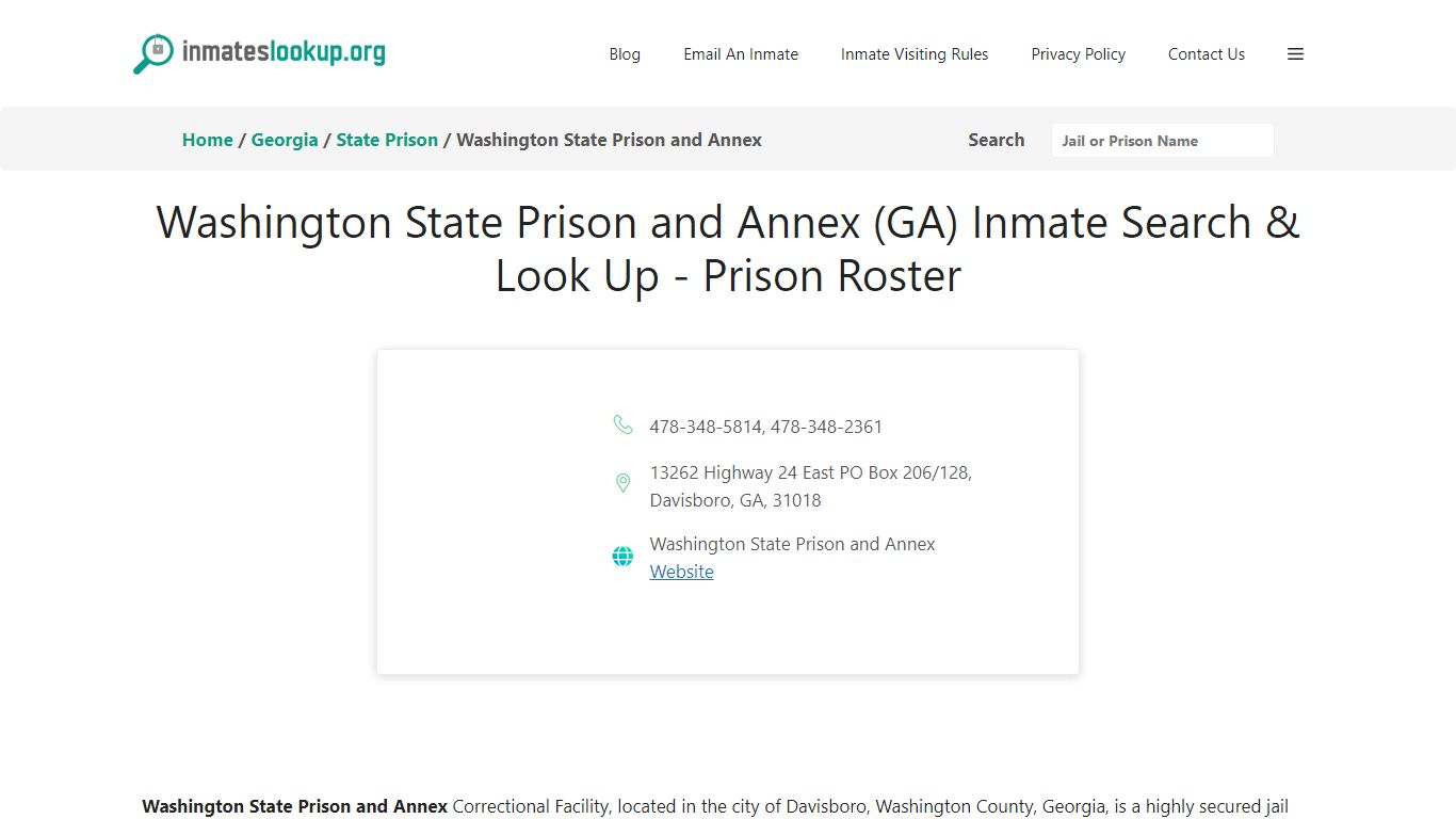 Washington State Prison and Annex (GA) Inmate Search & Look Up - Prison ...