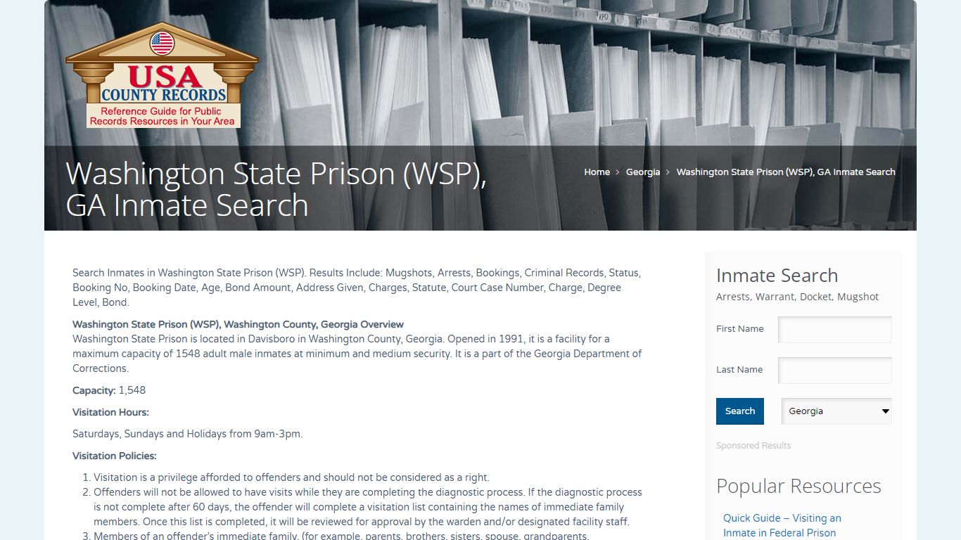 Washington State Prison (WSP), GA Inmate Search